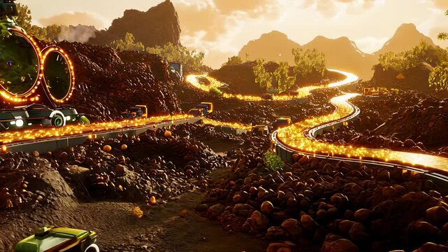Winding Road Through a Rocky Landscape with Glowing Tracks and Scenic Mountains

