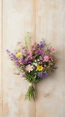 Fototapeta premium Colorful wildflowers bouquet, tied, wood background.