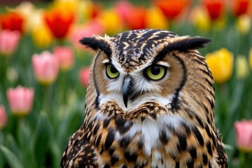 Obraz premium there is a owl that is standing in front of a field of flowers