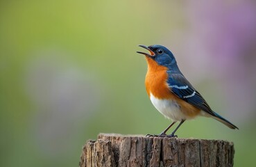 Fototapeta premium Vibrant Bluethroat bird Luscinia svecica sings. Male bird sits on stump with open beak against blurred colorful background. Nature, wildlife, spring, ornithology concepts.