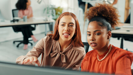 Computer, team and business women in discussion in office, planning or brainstorming for news in...