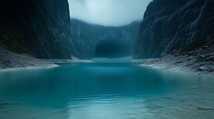 Mystic Teal Lake: A serene, turquoise lake nestled amidst towering, dark cliffs under a brooding sky. The water's surface is still, reflecting the somber atmosphere.