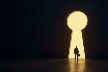 Obraz premium symbolizing opportunity and discovery.A silhouetted businessman stands before a large keyhole-shaped opening in a dark concrete wall, Person stands before a giant keyhole