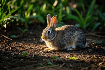 Fototapeta premium there is a rabbit sitting in the dirt in the middle of the field
