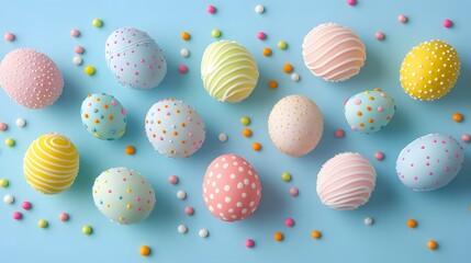 Fototapeta premium Easter concept. Top view photo of easter bunny ears colorful eggs and sprinkles on isolated light blue background with copyspace 