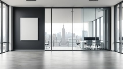 Fototapeta premium modern office space with a blank framed poster on a dark gray wall, visible through a glass partition 