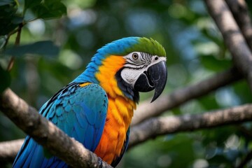 Obraz premium araffy blue and yellow parrot perched on a branch in a tree