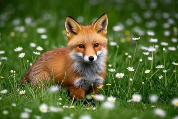 Fototapeta premium there is a fox that is sitting in the grass with daisies