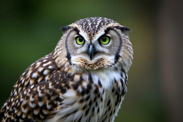 there is a owl with green eyes and a mustache on its head