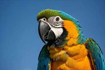 Fototapeta premium araffy parrot with a blue and yellow feathers and a blue sky background
