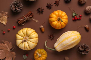 Fresh pumpkins with rose hip berries, star anise, pine cones, cinnamon and autumn leaves on brown...