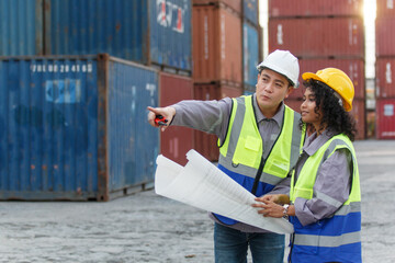 Businesswoman and logistic or shipyard engineer have a discussion or business due at container yard.