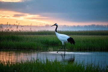 Fototapeta premium there is a bird that is standing in the water at sunset