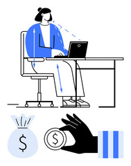 Woman seated at desk using laptop with ergonomic posture guideline arrows, money bag, coin in hand, and financial bar metaphor. Ideal for productivity, ergonomics, income, work-life balance, office