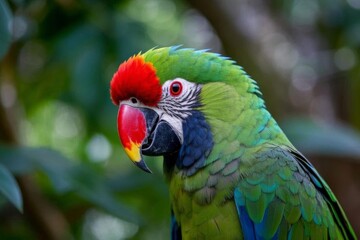Obraz premium araffy green parrot with red and yellow feathers sitting on a branch