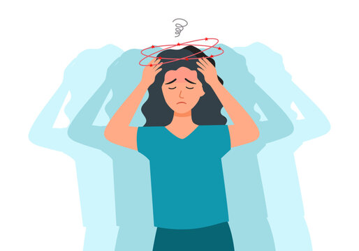 Woman feels dizzy caused by hangover or intracranial pressure, stands with stars above head. Problem of dizzy or dizziness in girl experiencing problems with well-being and health.