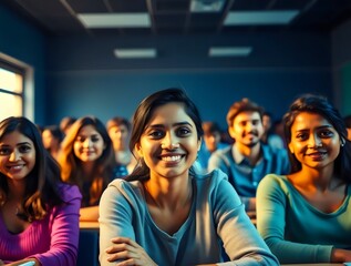 Obraz premium A dynamic wide angle shot of a classroom in cool colors with blurred lines and action poses. Strong warm light and harsh shadows. Diverse students in blues, greens, and purples. A smiling Indian femal