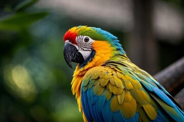 brightly colored parrot sitting on a branch with green leaves in the background