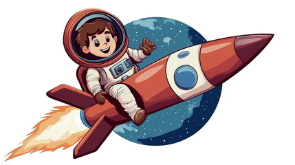 Pixelated Astronaut Boy Riding Red Rocket In Space Illustration