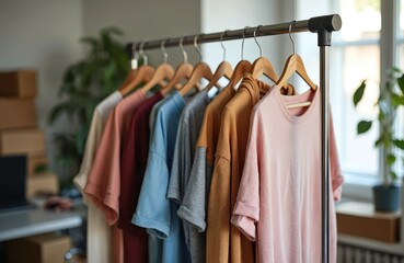 Obraz premium Colorful t-shirts hang on rail in home. Clothes resale donation concept. Second hand shop, eco-friendly business. Sustainable fashion, retail, thrift store.