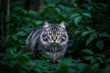 there is a cat that is walking through the bushes