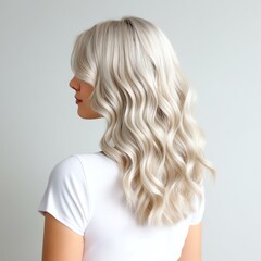 Naklejka premium Beauty girl with long and shiny wavy Hair ,coloring and toning A woman with long, wavy blonde hair elegantly gazes away, showcasing her beautiful locks and relaxed style in a minimalist setting.