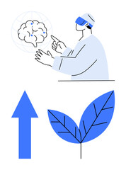 Scientist wearing VR headset interacts with brain hologram, arrow indicates progress, leaf symbolizes nature and sustainability. Ideal for innovation, technology, research, neuroscience, growth