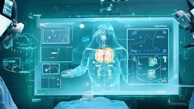 A high-tech interface of a human body shows medical data and internal diagnostics, illustrating futuristic healthcare, digital health records, and advanced examination systems.