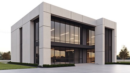 Modern Concrete Office Building with Glass Facade at Sunset