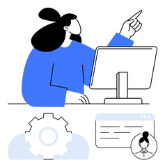 Woman at desk pointing upward, computer monitor, gear icon, web browser, user avatar. Ideal for innovation, technology, teamwork, leadership website design project management flat simple metaphor