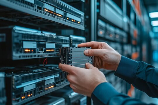 Technician installs or maintains server hardware in data center - Powered by Adobe