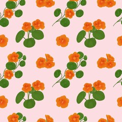 Vintage Nasturtium Seamless Floral PatternPink background