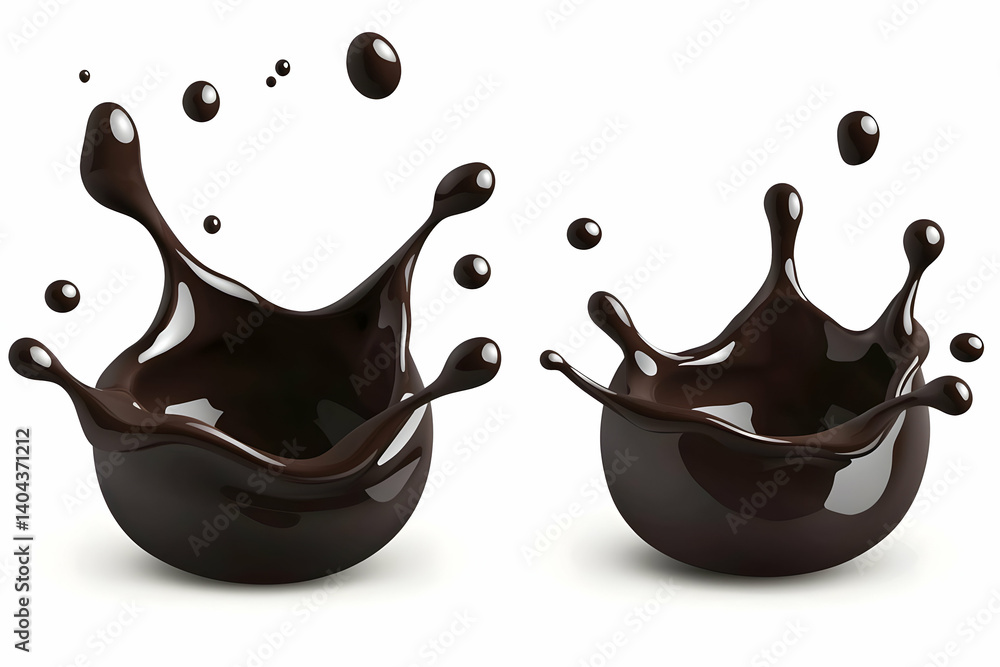 Poster dynamic dark chocolate splashes: two isolated 3d renderings