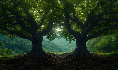 Obraz premium Intertwined trees in woodland showing growth, family roots, and metaphor for strong sibling bond, ideal for Siblings Day and nature concepts 