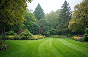 Fototapeta premium Landscaped park with green lawn, flower beds. Evergreen, seasonal trees bushes in backyard garden on overcast weather. Nature park with nobody, tranquil background.