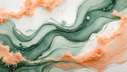 Ink wash painting style with flowing peach background