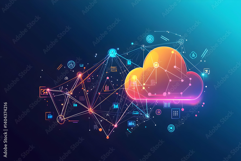 Poster global network data cloud computing system illustration
