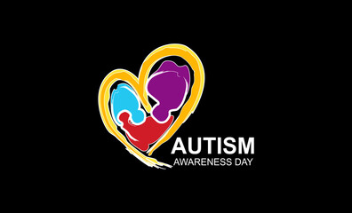 Autism Awareness Month. Colorful puzzle in the shape of a heart from brush strokes. Vector illustration on a black background. Isolated. Concept of love, care, affection, health care.