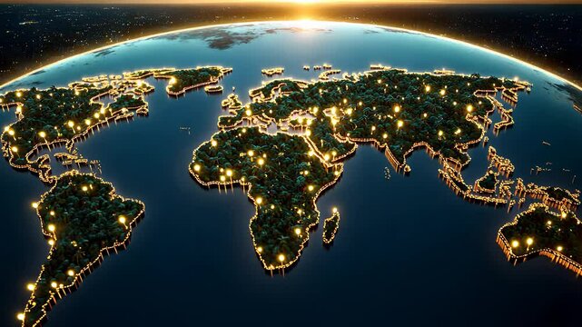 Global Earth Map with Illuminated Cities and Lights Across Continents at Sunrise

