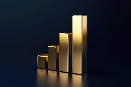 Minimalist golden bar chart icon on dark blue background, symbolizing business growth and financial data. AI generated image.