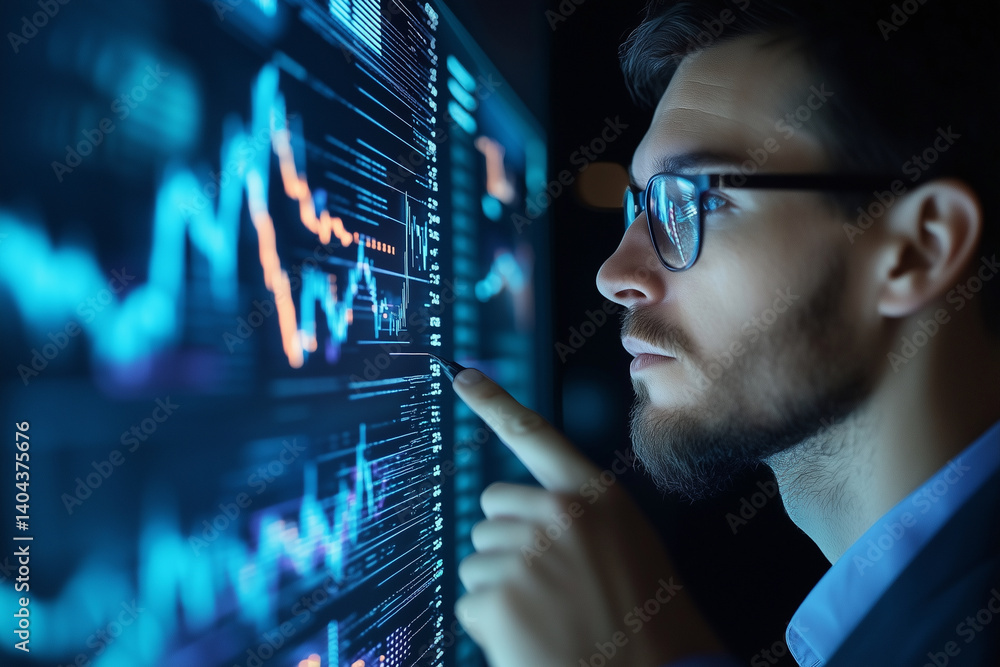Aufkleber man is pointing at a computer screen with a graph on it. he is wearing glasses and he is focused on 