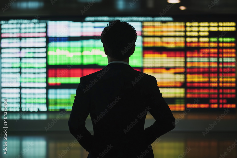 Aufkleber man stands in front of a large screen with many numbers and graphs. he is looking at the screen with