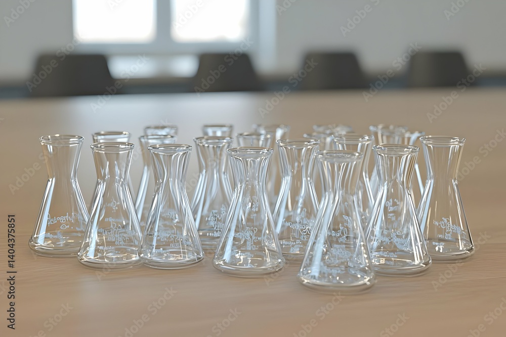 Poster group of empty erlenmeyer flasks on a table in a modern office setting
