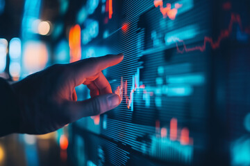 hand is pointing at a screen with a lot of numbers and lines. Concept of urgency and importance, as if the viewer is trying to make a decision or take action based on the information displayed