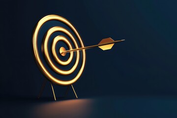 Golden target icon with arrow in center on dark blue background, representing focus and achievement in business. AI generated image.