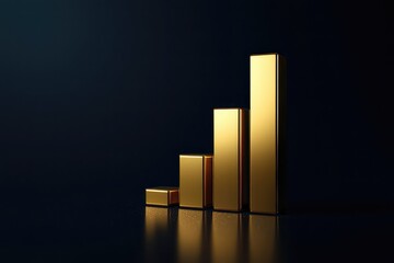 Minimalist golden bar chart icon on dark blue background, symbolizing business growth and financial data. AI generated image.