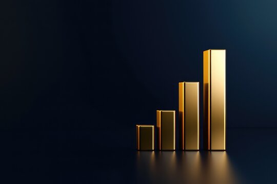 Minimalist golden bar chart icon on dark blue background, symbolizing business growth and financial data. AI generated image.