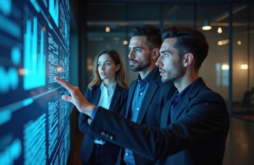 IT specialists discuss project details. Team looks at large digital screen, analyzing data. Colleagues collaboration, software and hardware tech. Modern workplace.