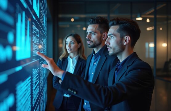 IT specialists discuss project details. Team looks at large digital screen, analyzing data. Colleagues collaboration, software and hardware tech. Modern workplace.