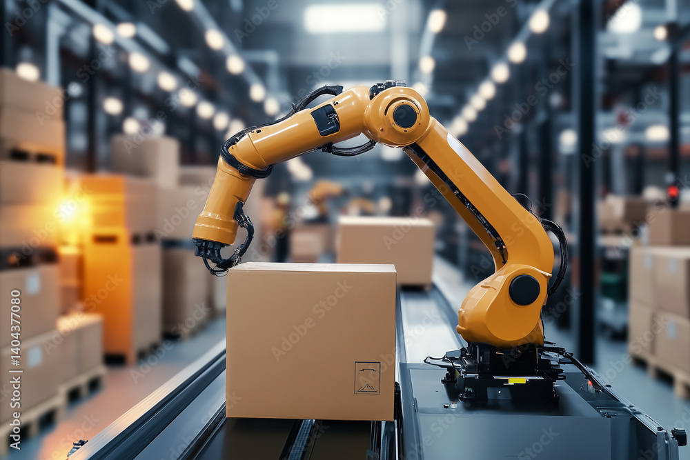 Poster robot is working in a warehouse, picking up a box. the robot is yellow and has a long arm. the wareh